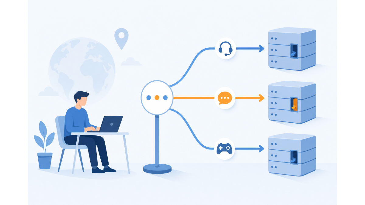Flat illustration of a person at a laptop with a central routing hub sending three requests along arrows to three servers, each with its own port.