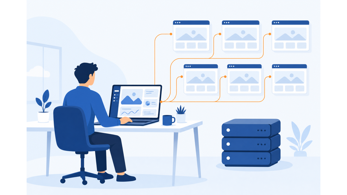 Vlakke illustratie van een webprofessional achter een laptop met een dashboard, waarvan oranje verbindingslijnen naar zes browservensters van klantwebsites lopen, naast een stapel serverblokken.