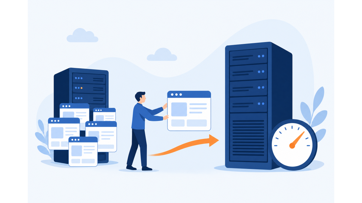 Vlakke illustratie van een persoon die een website van een gedeelde server met meerdere kleine sites langs een oranje pijl verplaatst naar een eigen dedicated server, met een snelheidsmeter die betere prestaties toont.