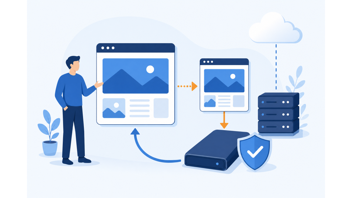 Flat vector illustration of a person making a backup of a website that flows to an external hard drive and a shield with a check mark.
