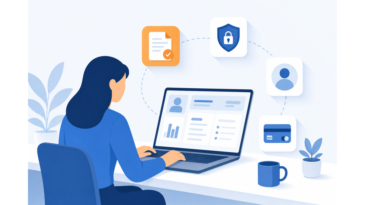 Flat illustration of a person at a desk managing a customer portal on a laptop, with floating icons for an invoice, a shield with a padlock, account management and a payment card.