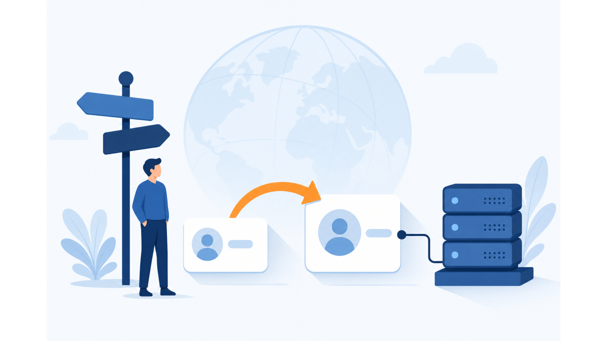 Flat vector illustration of a person at a signpost with an orange arrow pointing from one card to another and on to a server cabinet, illustrating a CNAME alias.