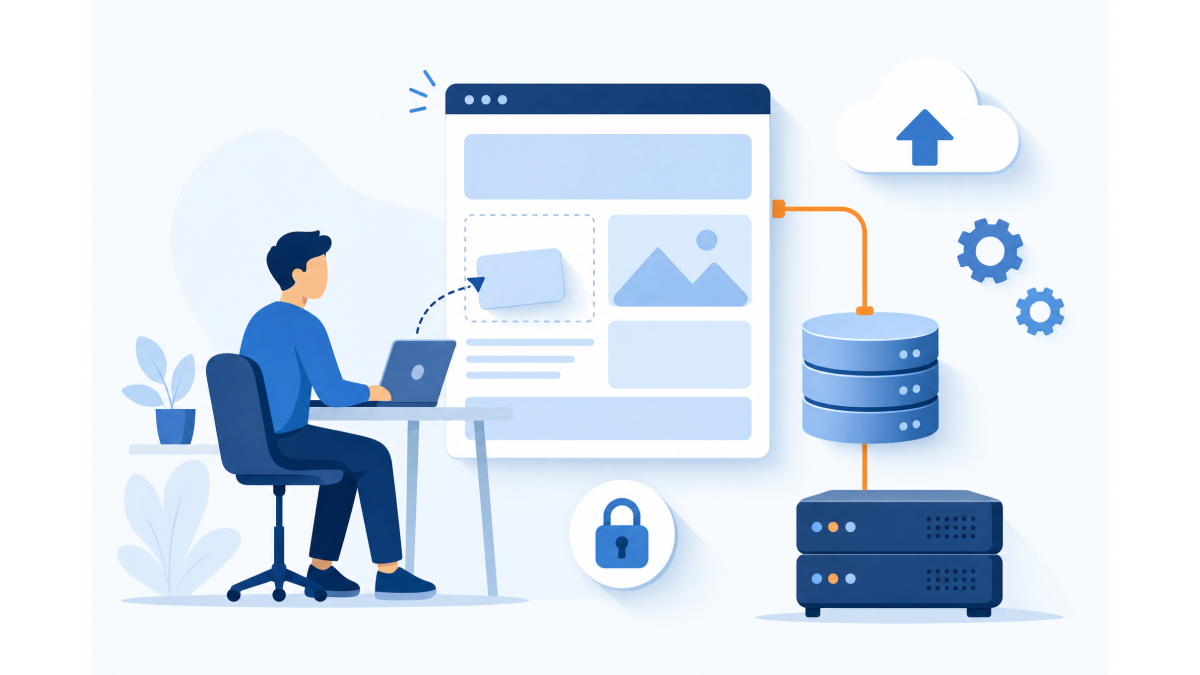 Vlakke illustratie van iemand aan een laptop die een website in elkaar zet, met een browservenster, een databasecilinder, een uploadpijl en een slotje voor HTTPS.