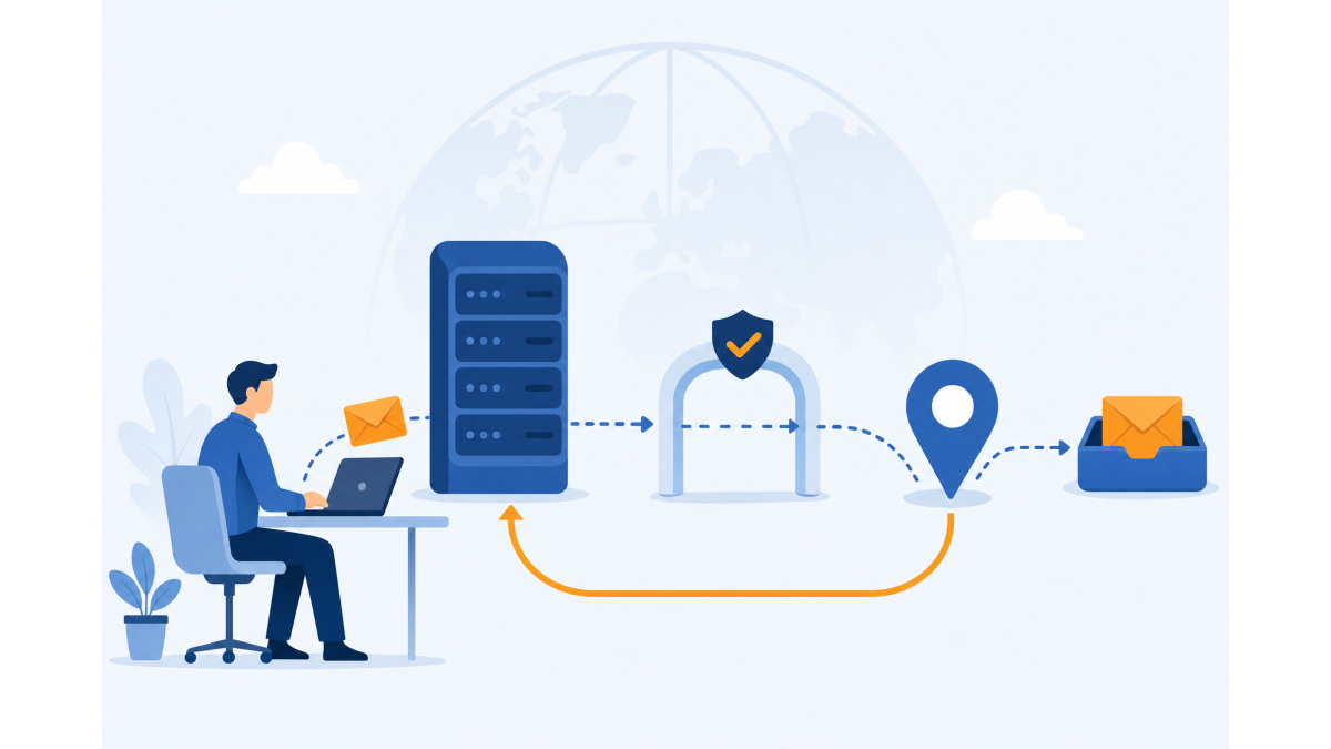 Flat illustration of a person at a laptop sending an email past a server stack, a checkpoint gate with a shield and checkmark and a location pin, with an orange arrow looping back as a reverse lookup.