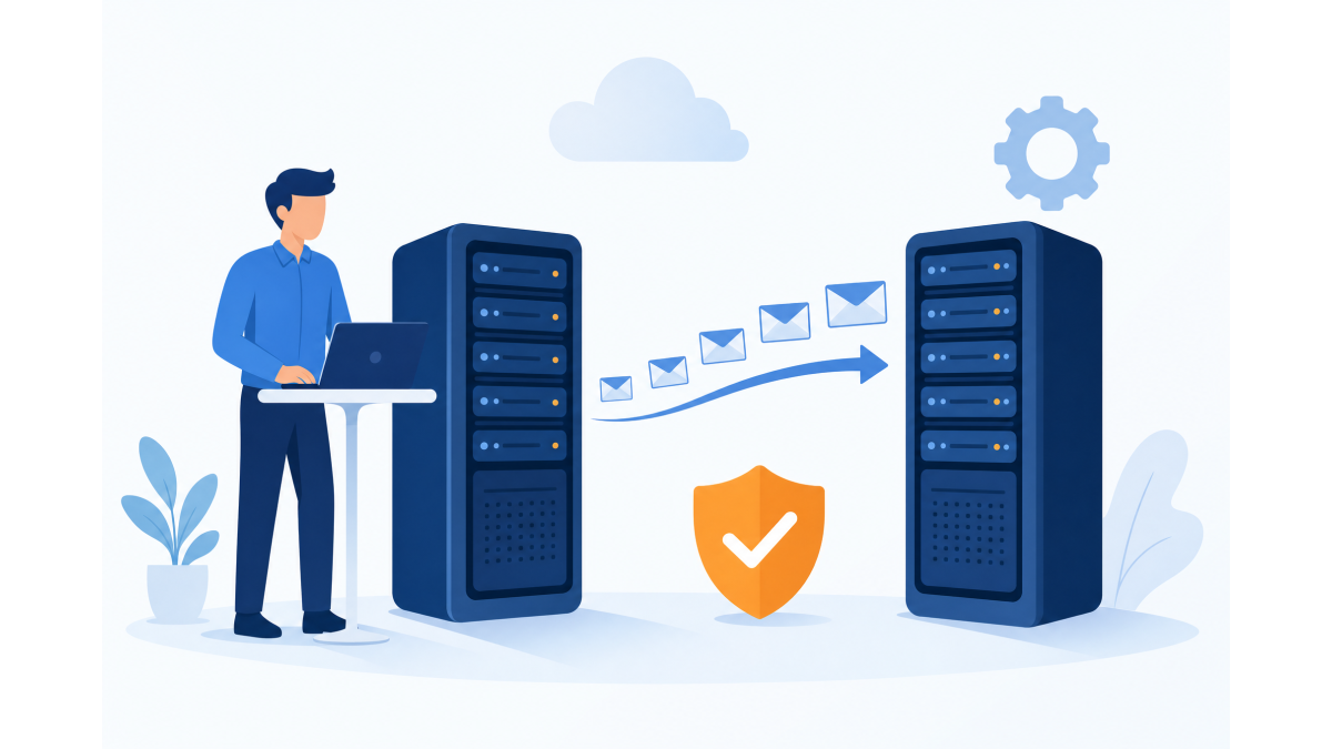Flat illustration of email migrating as small envelopes from one mail server to another, while a figure at a laptop oversees the move.