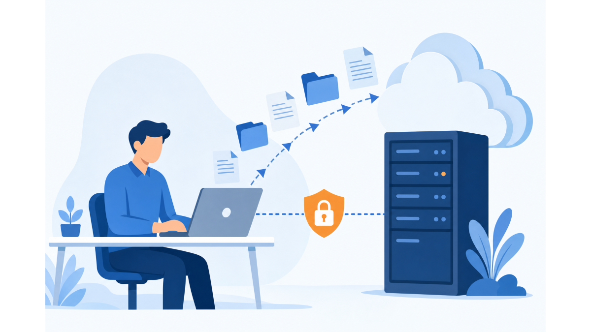 Flat vector illustration of a person at a laptop uploading files to a cloud server over a secure, encrypted connection.