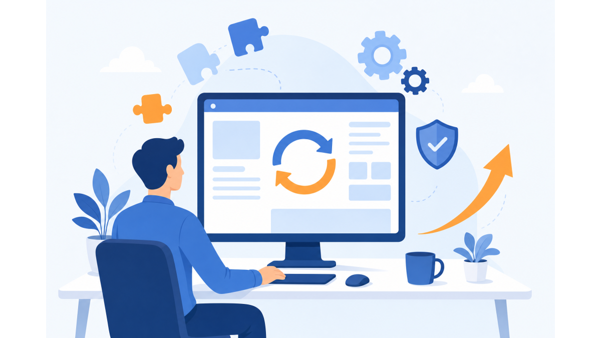 Vlakke illustratie van iemand achter een computer met een website in beeld en een rond update-pijltje, omringd door puzzelstukjes, tandwielen, een schild en een pijl omhoog.