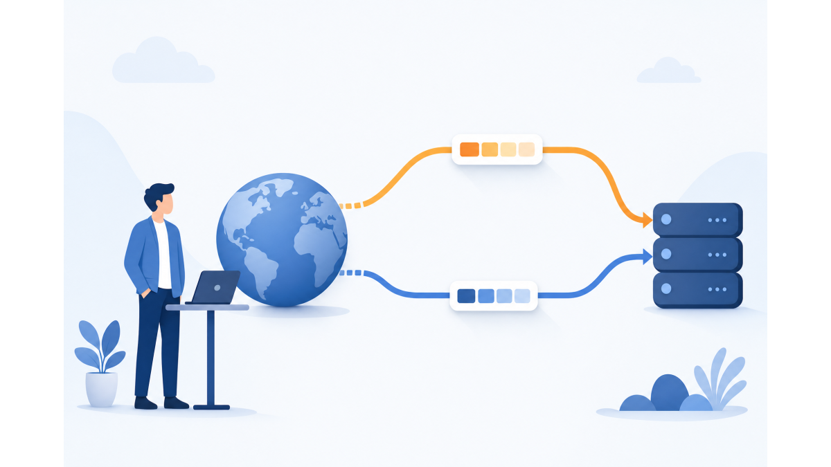 Flat vector illustration: a person at a laptop looks at a globe representing a domain, with two parallel routes to a server stack illustrating how a domain links to an IPv6 address.