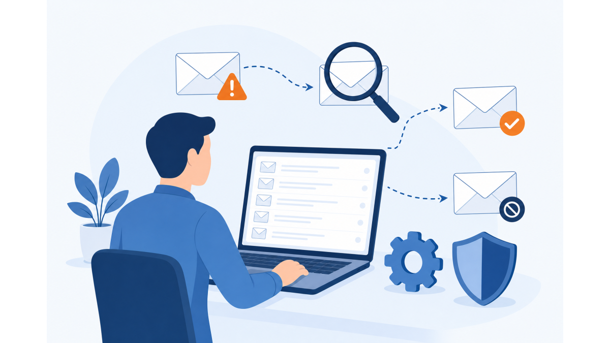 Vlakke illustratie van een persoon aan een laptop die e-mailproblemen onderzoekt, met envelopen, een vergrootglas, een waarschuwingsteken en een schild in blauwtinten met een oranje accent.
