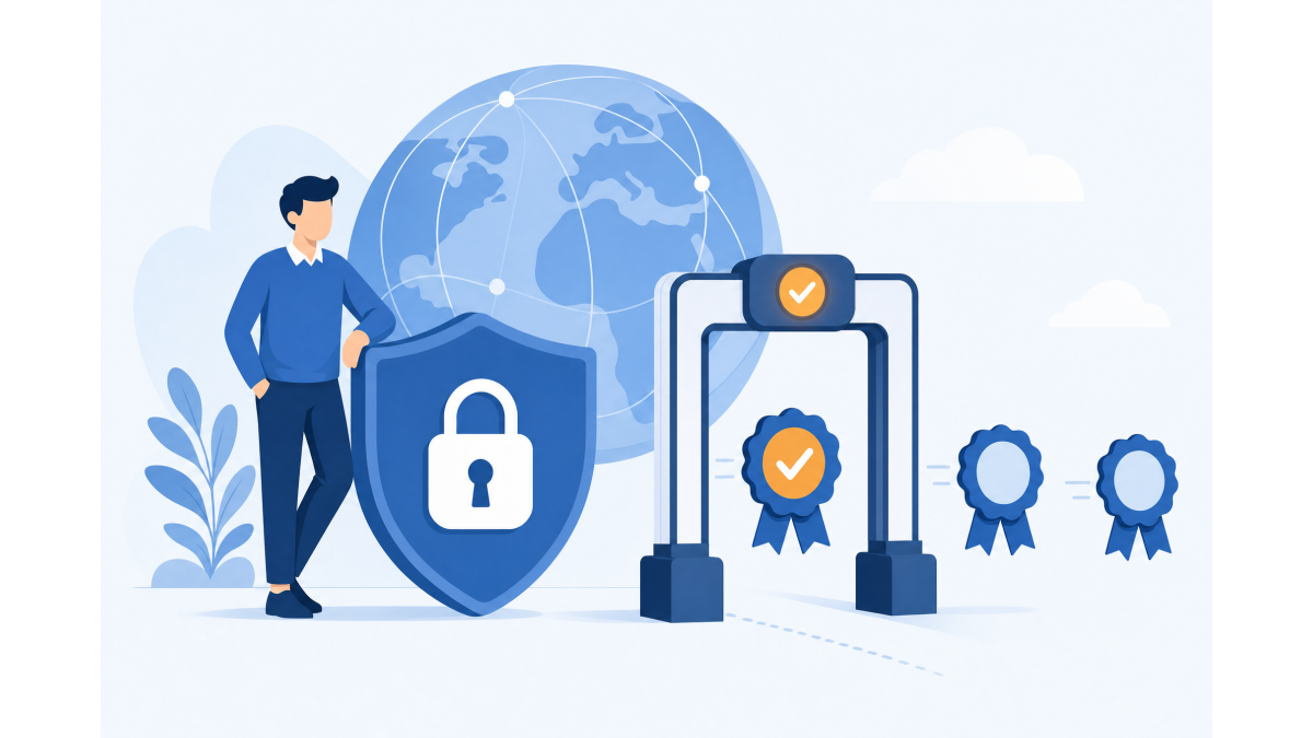 Flat illustration of a person beside a large padlock shield in front of a globe, with a gate that filters certificate seals and lets one through marked by an amber checkmark.