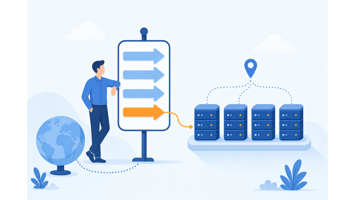 Flat illustration of a person beside a signpost with arrows pointing from a globe to a row of identical servers, representing the nameservers responsible for a domain.