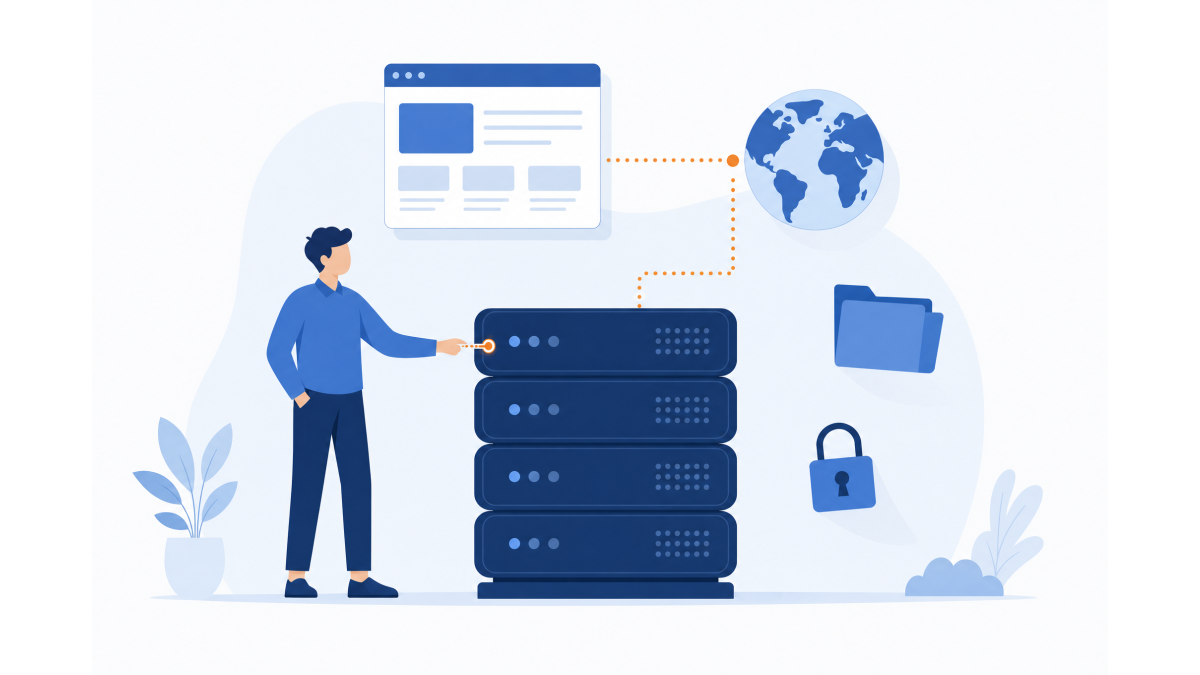 Vlakke vector illustratie: een persoon verbindt een browservenster en een wereldbol met een stapel servers, met een oranje accent op de actieve verbinding.