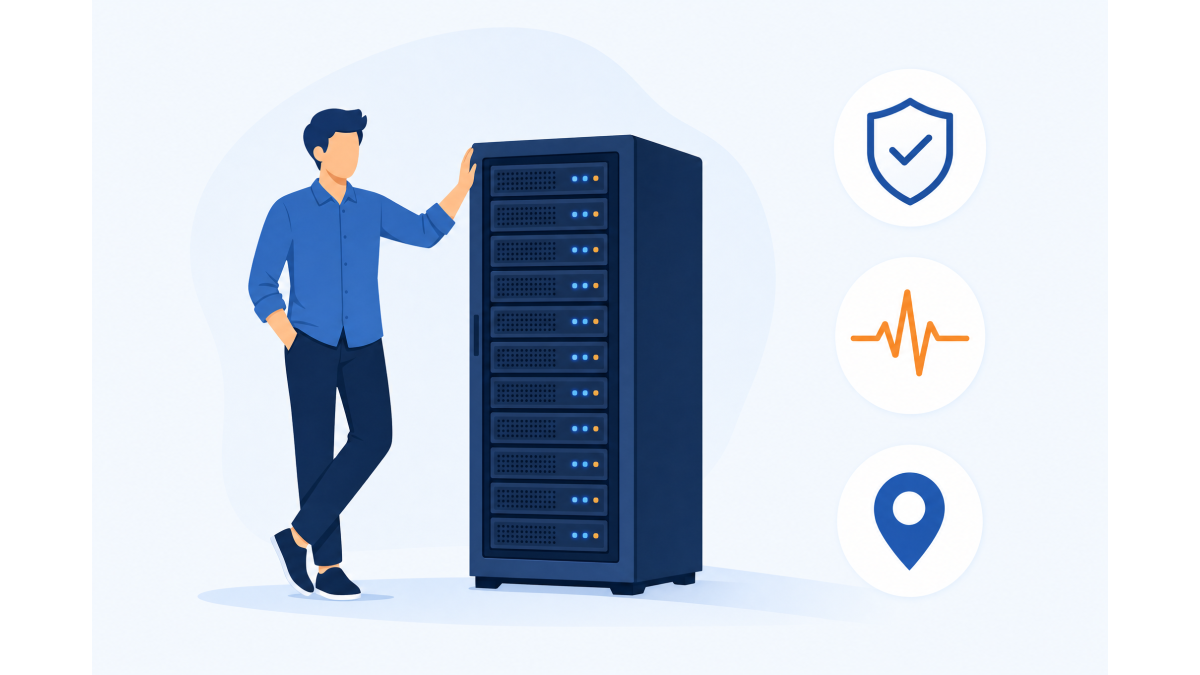 Flat illustration of a person leaning calmly against a single standalone server cabinet, next to a shield with a checkmark, an orange heartbeat line for continuous monitoring and a location pin, in shades of blue with an orange accent.