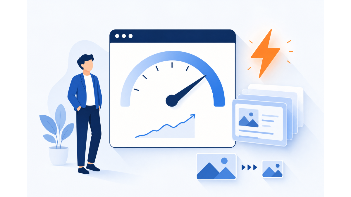 Flat illustration of a person beside a browser window showing a speed gauge and a rising line, an orange lightning bolt, stacked cache cards and shrinking images, in shades of blue with an orange accent.