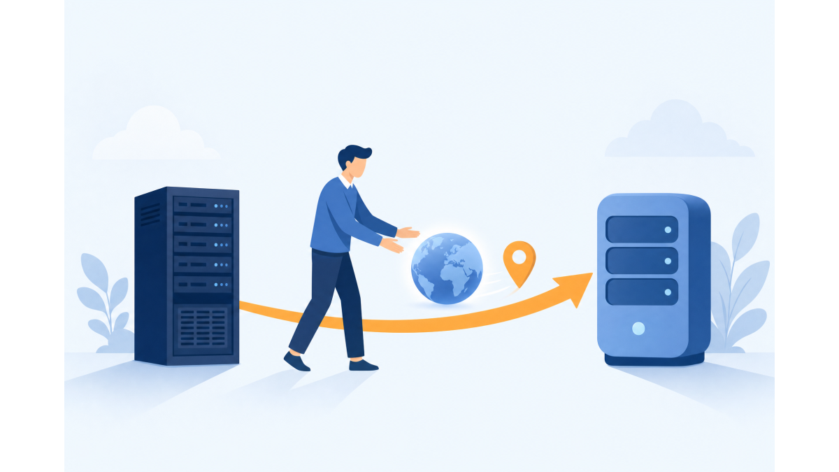 Vlakke illustratie van een persoon die een blauwe wereldbol met locatiepin langs een oranje pijl van een oude server naar een nieuwe server begeleidt.