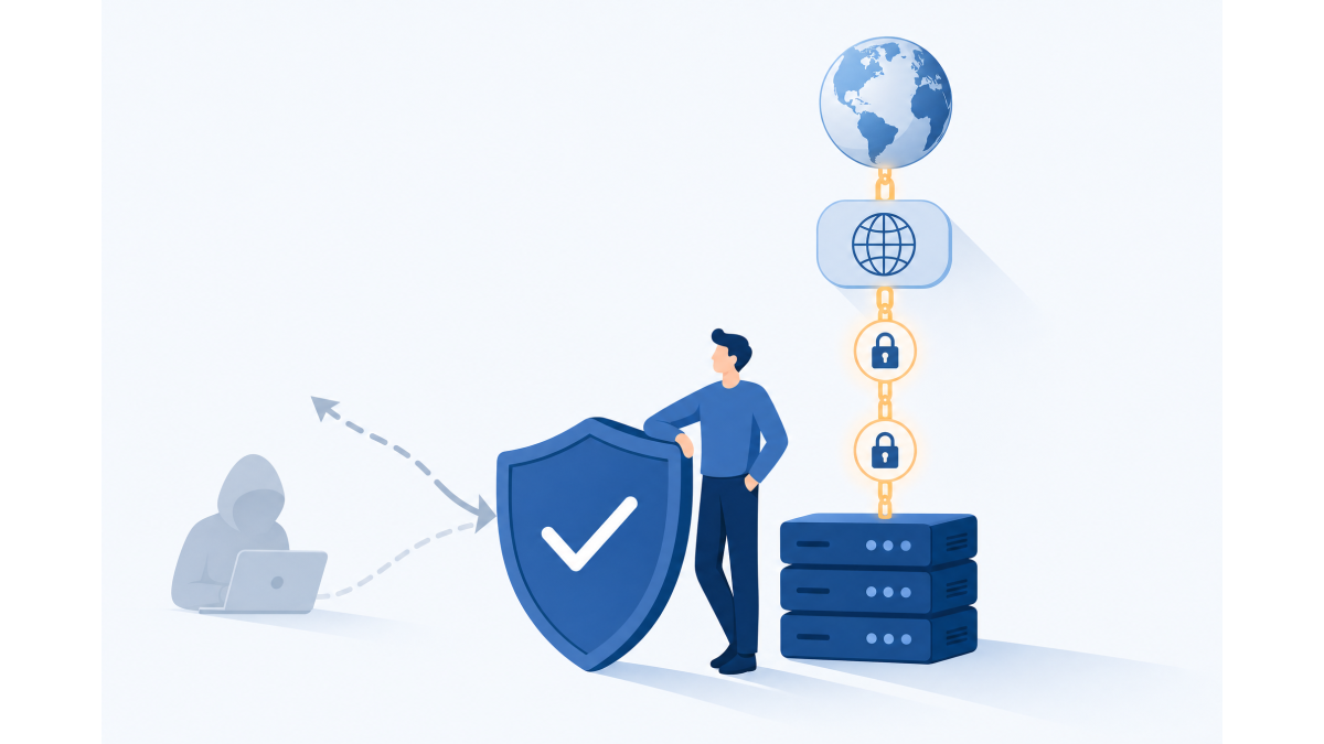 Flat vector illustration: a figure secures a stack of servers with a shield and check mark, while a chain of padlocks links the domain through a globe to the root and a forged request is blocked.
