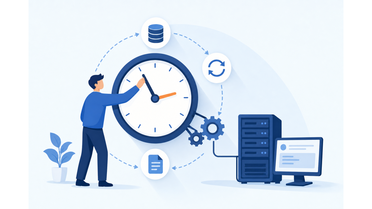 Flat vector illustration of a person setting a large clock linked by gears to a server and a computer screen, with recurring task symbols orbiting around it.
