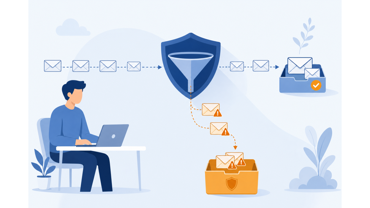 Flat vector illustration: a person at a laptop watches emails flow through a shield-shaped filter, clean messages going to the inbox and suspicious ones to a separate quarantine.