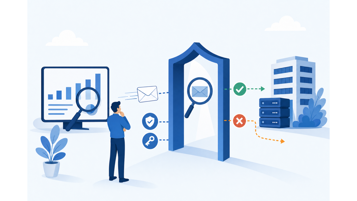 Flat vector illustration: an incoming email is checked at a shield-shaped gateway before it reaches a domain, with verification badges and a report panel.