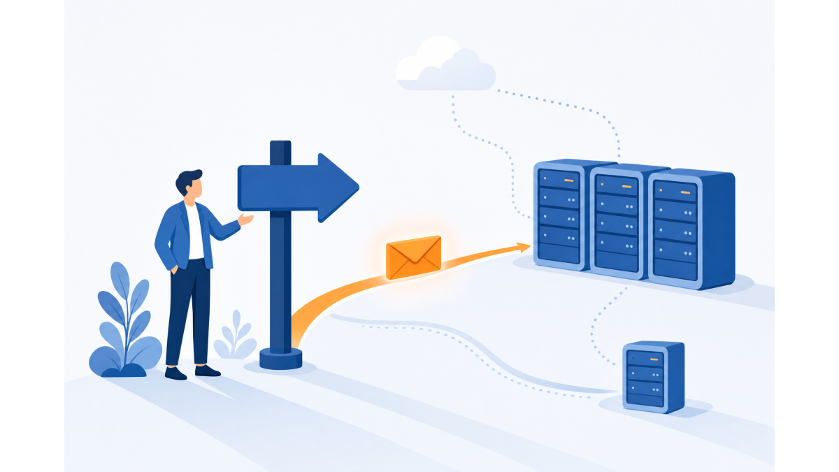 Vlakke vector-illustratie van een persoon bij een wegwijzer in pijlvorm die een oranje envelop naar een rij blauwe mailservers leidt, met een tweede pad naar een kleinere reserveserver.
