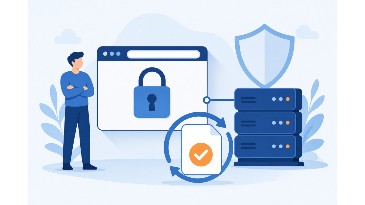 Flat illustration of a person beside a browser window with a closed padlock, connected to a server, and a certificate with an amber checkmark inside a circular renewal arrow.
