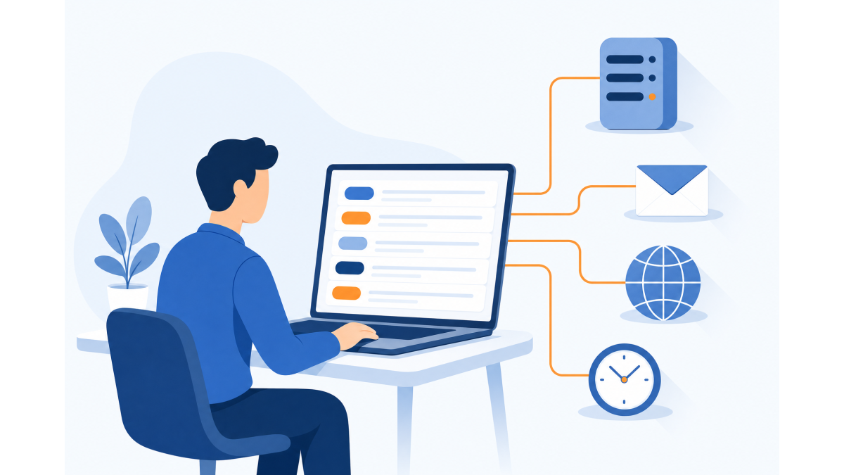 Vlakke vectorillustratie in blauwtinten met een oranje accent. Een figuur zonder gezichtsdetails beheert aan een laptop een lijst met gekleurde regels. Oranje lijnen verbinden het scherm met een servertoren, een envelop, een wereldbol en een klokje.