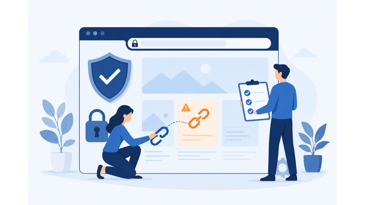Flat illustration of two people securing a website: a browser window with a padlock and a shield with a checkmark, where a highlighted element with a warning triangle and an orange chain icon is being connected securely.