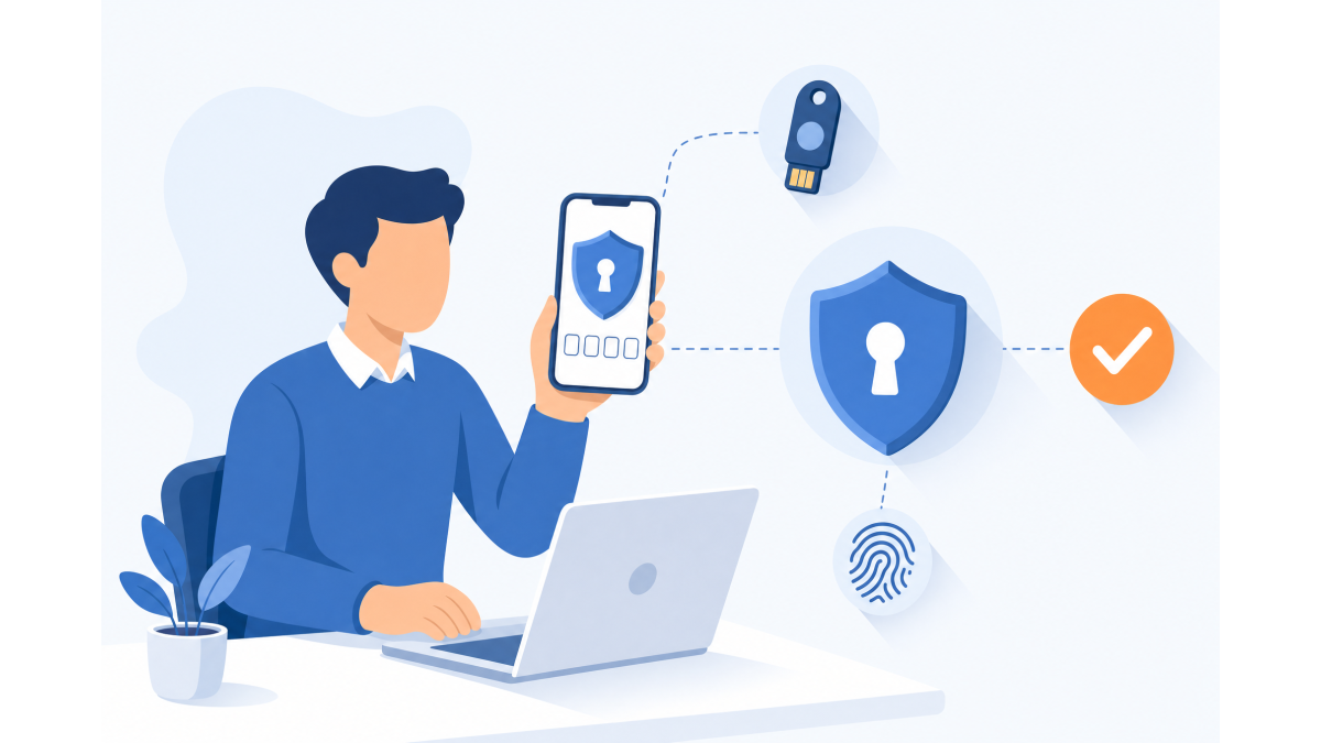 Illustration of a person logging in with two-factor authentication: a phone with a security shield, a physical security key and an orange checkmark.