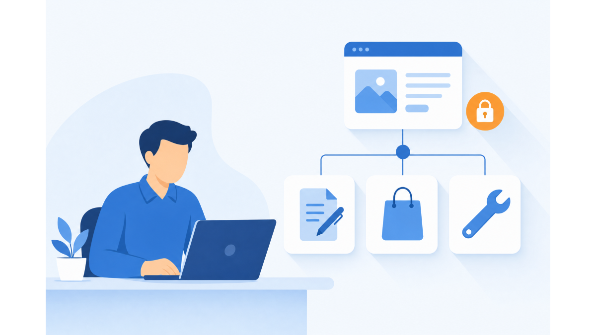 Flat vector illustration in shades of blue with an orange accent. A figure without facial details creates a subdomain at a laptop; a main domain branches through a dot into smaller blocks for blog, shop and test.