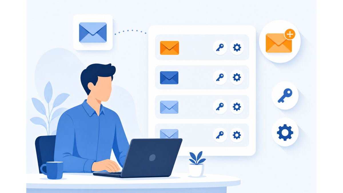 Flat illustration of someone at a laptop managing email addresses in a control panel, with envelope, key and settings icons and an orange plus button to add a mailbox.
