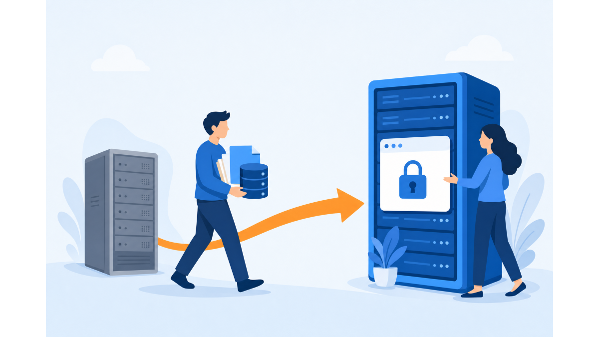 Vlakke illustratie van twee personen die een website met bestanden en een database langs een oranje pijl van een oude server naar een nieuwe server met een beveiligd browservenster verplaatsen.
