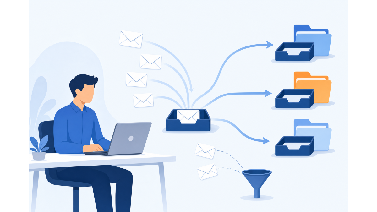 Flat illustration of someone at a laptop; envelopes flow along arrows from an inbox tray to several folders and trays, with a funnel catching stray mail.