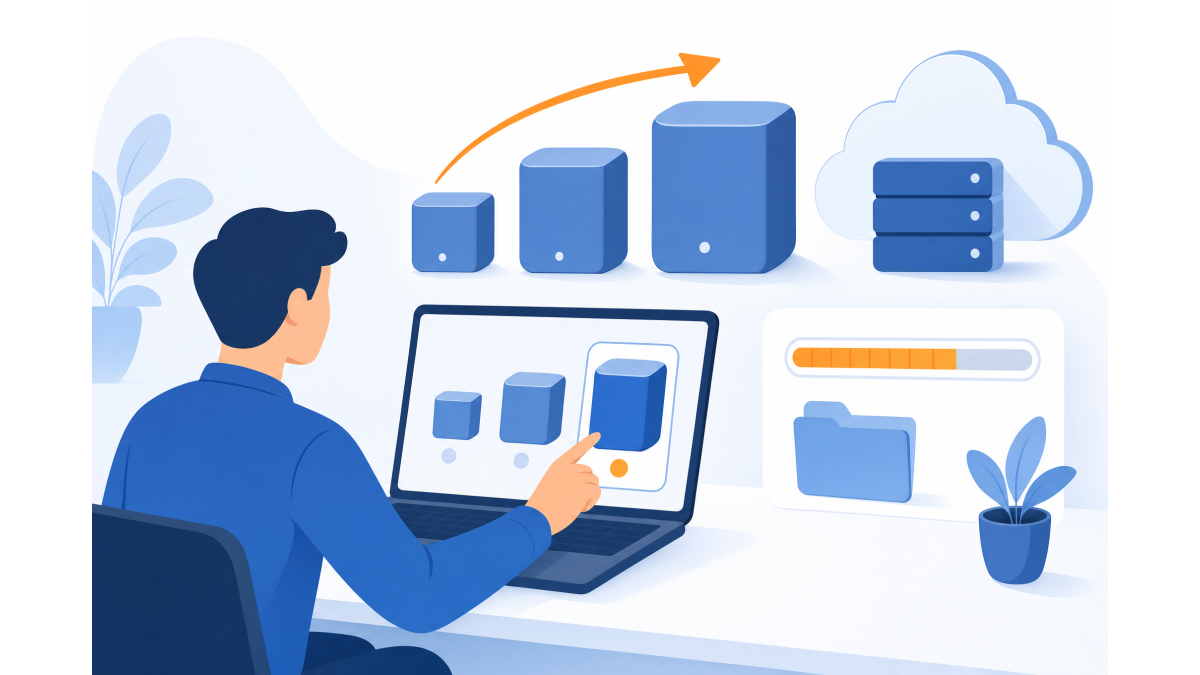 Flat illustration of a person at a laptop upgrading a hosting package, with a rising storage gauge and an arrow from a small to a larger package.