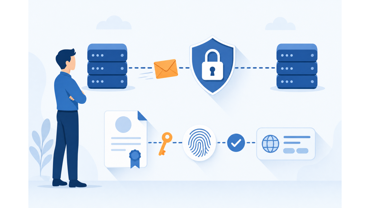 Vlakke vectorillustratie: een e-mailenvelop reist tussen twee serverkasten via een schild met een slot, terwijl een certificaat met een sleutel en een vingerafdruk aan een DNS-kaart met een vinkje wordt gekoppeld.