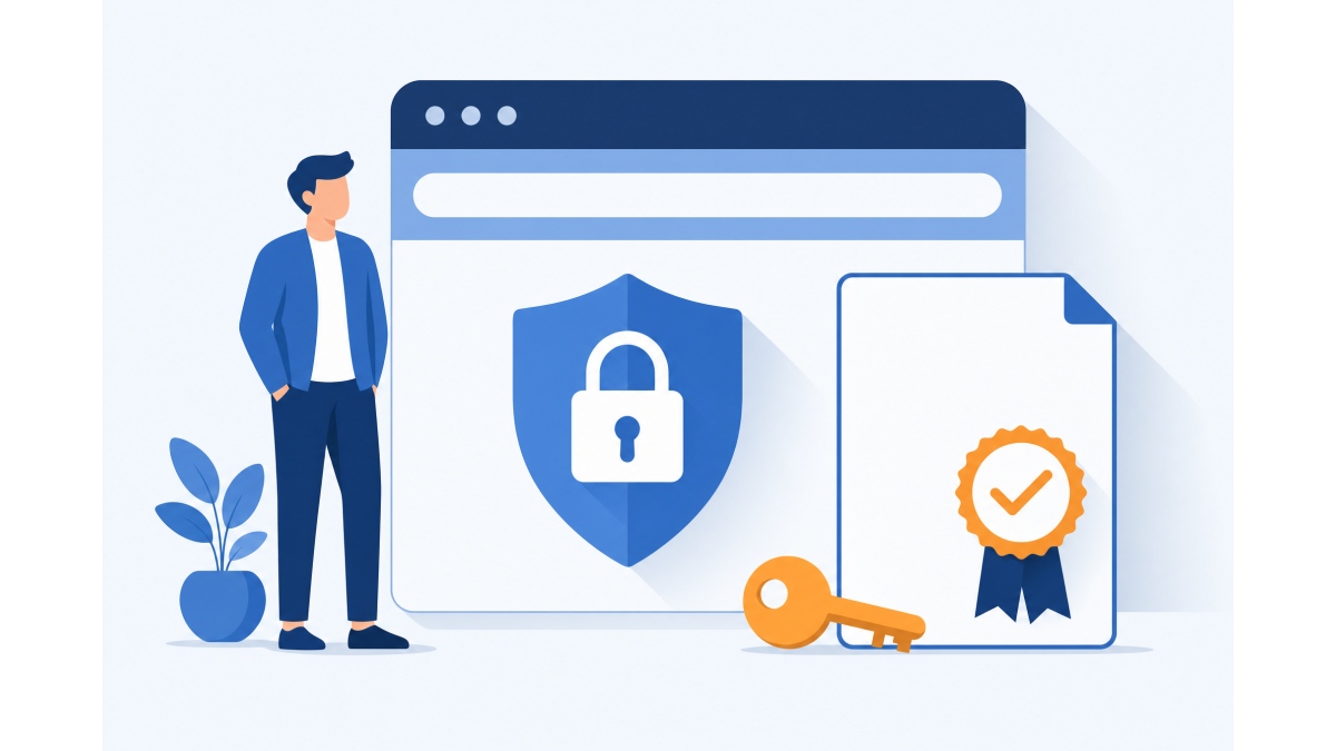 Flat illustration of a person beside a browser window showing a secure HTTPS connection, a shield with a padlock, a certificate with a checkmark and a key, in shades of blue with an orange accent.