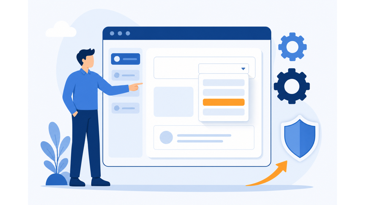 Vlakke illustratie van een persoon bij een groot browservenster met een instellingenpaneel en een geopende keuzelijst, met tandwielen, een schildpictogram voor veiligheid en een oplopende pijl voor snelheid, in blauwtinten met een oranje accent.