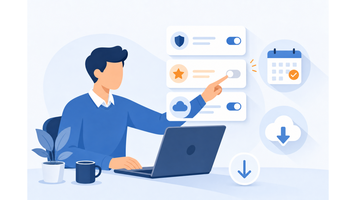 Flat illustration of a person at a laptop switching off one of several subscription cards in the customer portal, with a calendar marking an end date and a cloud with a downward arrow for a backup.