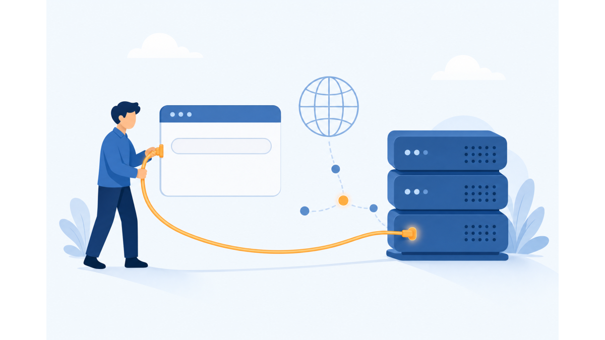 Flat vector illustration: a person uses an orange cable to connect a browser window to a server rack, with a globe icon and connection nodes representing linking a domain to hosting.