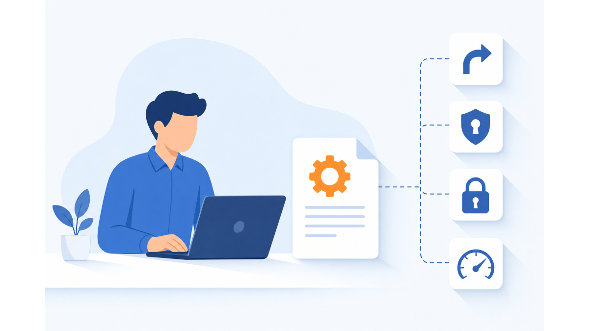 Flat illustration of a person at a laptop editing a configuration file, with icons for a redirect arrow, a shield with a keyhole, a padlock and a speed gauge.