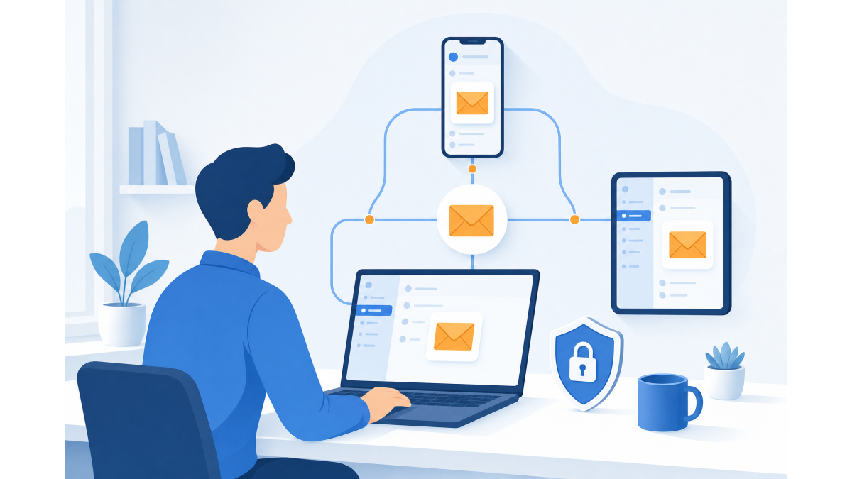 Flat vector illustration: a person connects an email account to a laptop, smartphone and tablet, with an envelope syncing between the devices and a small shield with a padlock for a secure connection.