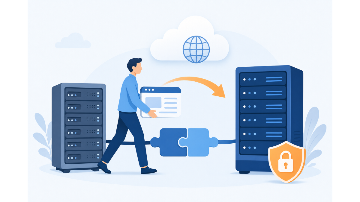 Vlakke illustratie van een persoon die een websitevenster van een oude server naar een nieuwe server verplaatst, verbonden door een puzzelstuk, met een slotschild voor SSL en een wolk met globe voor DNS.