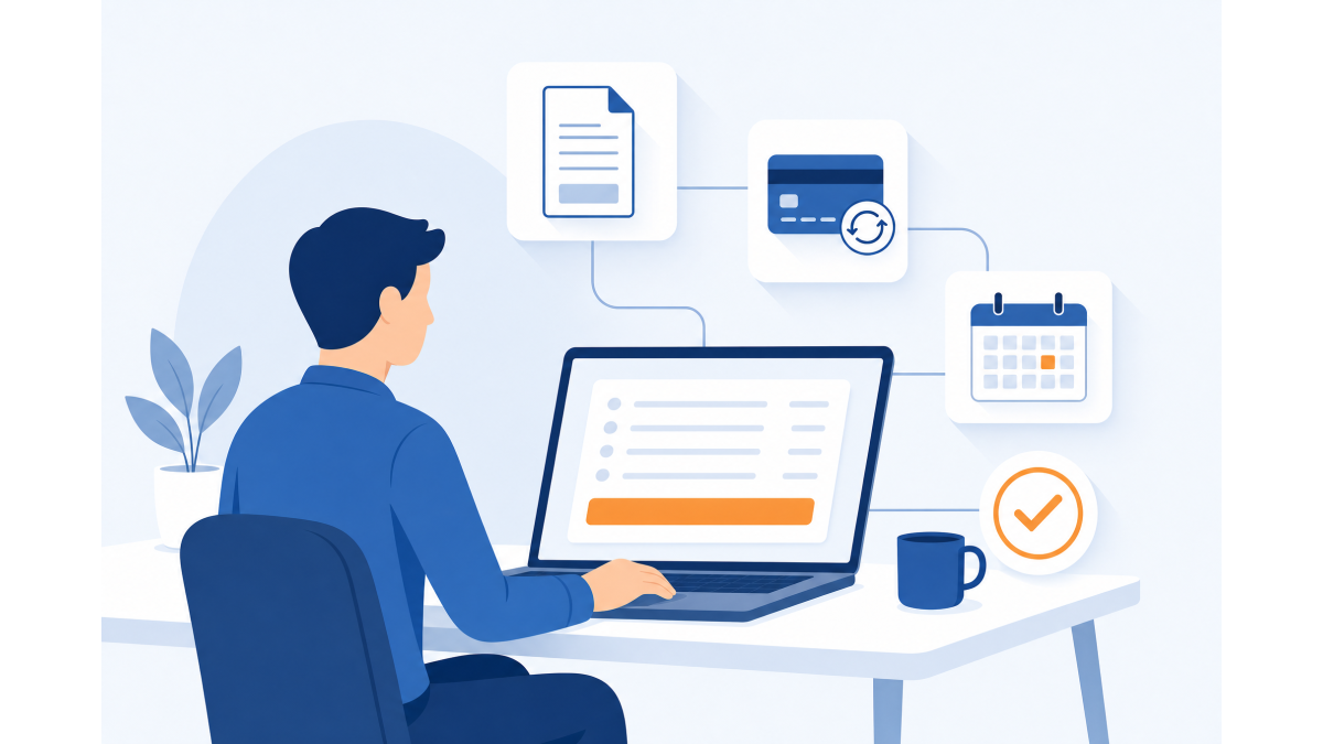 Vlakke, minimalistische illustratie van een persoon aan een bureau die op een laptop een facturenoverzicht bekijkt, met zwevende symbolen voor een factuurdocument, een betaalpas, een kalender en een vinkje, in tinten blauw met een oranje accent.