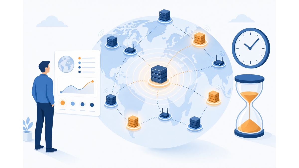 Vlakke vectorillustratie: een centrale server stuurt updates via ringen naar servers verspreid over een wereldkaart, sommige al bijgewerkt in amber en andere nog in blauw, met een klok en zandloper voor de wachttijd.