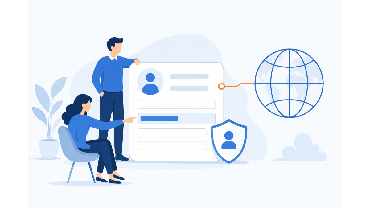 Flat vector illustration of two people reviewing and updating the contact details on a large identity card. The card is linked by an orange line to a globe, and a shield icon represents privacy.