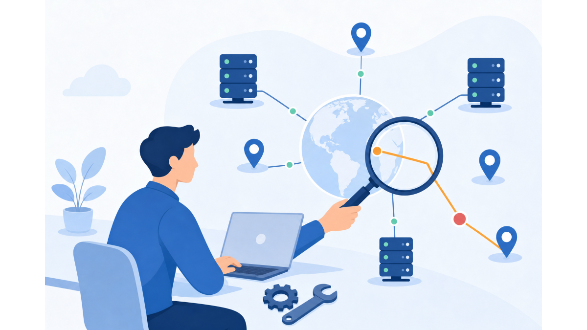 Flat vector illustration: a person with a laptop uses a magnifying glass to inspect a network diagram with a globe, server stacks and location pins, with a highlighted route and a wrench that suggests fixing a connection.